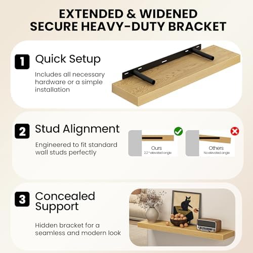 22.5 Inch Floating Shelves for Wall, Rustic Wood Wall Mounted Deep Storage Shelves with Invisible Brackets, Large Decorative Display Ledge for Living Room Bathroom and Kitchen, Set of 2, Oak