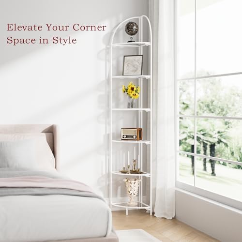 Crofy 6-Tier Foldable Corner Shelf, Metal White Frame & Transparent Shelves