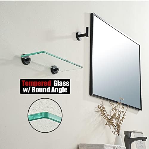 JQK Bathroom Glass Shelf Black, Tempered Glass Shower Storage 12 by 5 inches, 304 Stainless Steel Matte Black Wall Mount 2 Pack, TGS101L12-PB-P2