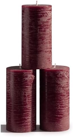 CANDWAX Large Pillar Candles 3x6 Inch – Set of 3 Unscented Dripless Burgundy Candles, Long Burning Rustic Finish for Weddings, Home Decor