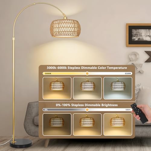 Gold Floor Lamps for Living Room, Arc Floor Lamp with Remote & Dimmable Bulb, Boho Rattan Standing lamp with 3 Color Temperatures, Height Adjustable Tall Lamp for Bedroom, Over Couch Reading Lamp