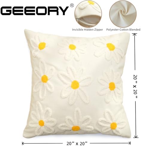 GEEORY 2-Pack 20x20 Inch Daisy Embroidered Cotton Pillow Cover | Farmhouse Spring Summer Home Decor | Durable Canvas Cushion Case for Living Room, Sofa & Bed