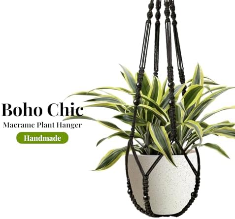 LEWESU Macrame Plant Hanger Indoor Set of 2 with 4 Hooks, Indoor Outdoor Hanging Planter for Plants Holder with Decorative Wood Beads & No Tassels, Boho Home Decor, 35 Inch Black (Pots Not Included)