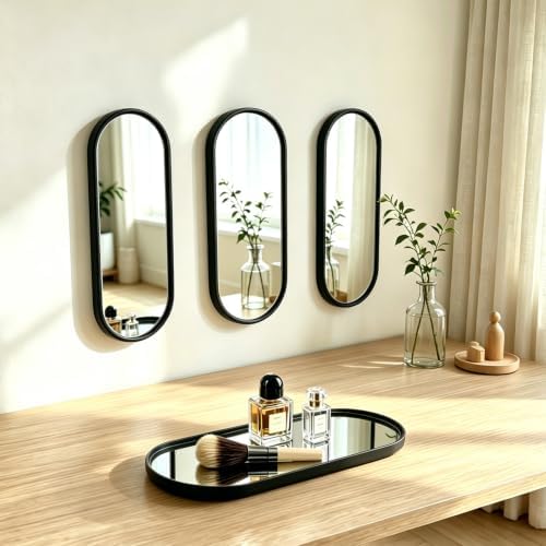 3 pcs Wall Mirrors and Tray Décor Set, Cute Vanity Mirrors with Black Frame, Bathroom Decor for Bedroom, Entryway, Living Room Farmhouse Decor (12”x4,7”)