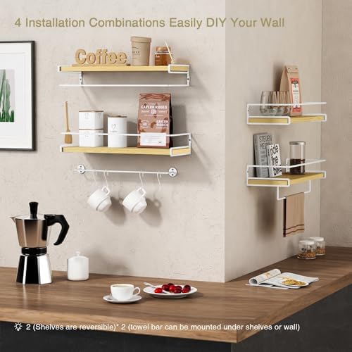 Forbena Natural Wood Bathroom Floating Shelves for Wall Set of 2, Light Wood Wall Shelves with Rail for Bathroom Nursery Office (Natural Wood and White)