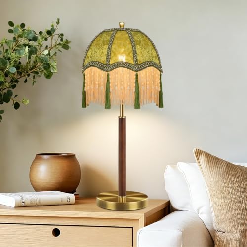 Vintage Table Lamp Dimmable Bedside Lamps With Victorian Fringe,Gold Small Wood Retro Desk Tall Table Light Green Mid Century Modern Nightstand Table Lamp for Bedroom Living Room