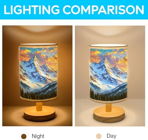 Majestic Snowy Mountain Table Lamp LED 3-Color Pressed Bedside, Majestic Snowy Mountain Shade Lamp with Wood Base for Bedroom Living Room Desk Office TL01