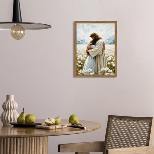 Framed 3D Textured Jesus Embracing Woman Wall Art, Jesus Hugging Woman Wall Decor Hand Drawn Sandstone Religious Christian Bible Painting Pictures for Bedroom Living Prayer Room 12x16 in Wood Framed