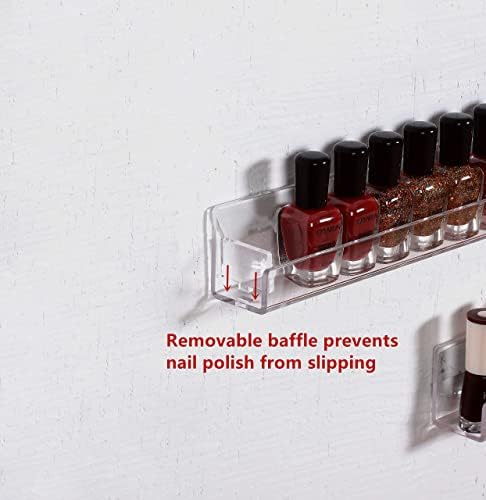 IEEK Nail Polish Rack Wall Mounted Shelf 2 Pack,Clear Kids Wall Bookshelf Acrylic Nail Polish Holder with Removable Anti-Slip End Inserts,2 Tiers Floating Polish Organizer Display 30 Bottles
