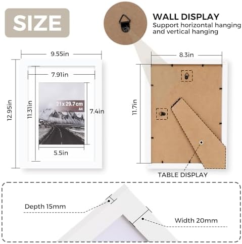 Muzilife White A4 Picture Frame with Mat, Clear Shatterproof Cover,2 Pack