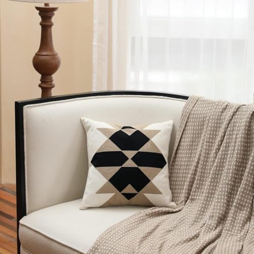 IKATYARN Black White Coffee Aztec Embroidery Throw Pillow Cover, Boho Tribal Geometric Pillowcase, Modern Farmhouse Brown Cushion Case for Couch Sofa Bed