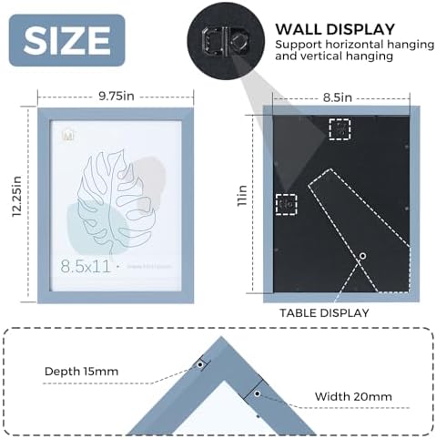 Muzilife Blue 8.5x11 Wood Picture Frame,Tempered Glass Cover, 2 Pack