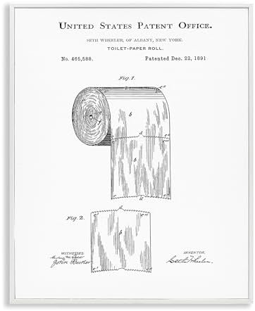 Stupell Industries 'Toilet Paper Roll Vintage Patent Minimal Black White', Framed Giclee Art, White, 16 x 20 Inches, Easy to Hang and Sturdy, Made in USA, by Studio W