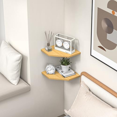 Corner Shelf Wall Mount, Floating Corner Shelves, Set of 2 Corner Wall Shelf Organizer, Rustic Wood Wall Storage Display Shelves for Living Room Bedroom Bathroom Kitchen, Rustic Brown, Oak