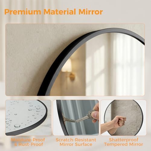 30 Inch Black Round Bathroom Wall Mirror, Round Mirrors for Wall Decor, Circle Mirror for with HD Shatter-Proof Glass for Entryway, Living Room, Bedroom, Dressing Room, Home Decor
