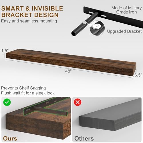 Fun Memories Floating Shelves for Wall, 48Inch Floating Shelves Set of 2, Hanging Shelf with Invisible Brackets, Wood Shelves for Living Room, Bedroom, Kitchen, Brown
