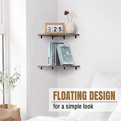 Fun Memories Corner Shelf Wall Mount, Corner Floating Shelves, Set of 4 Corner Wall Shelf Organizer, Rustic Wood Wall Storage Display Shelves for Living Room Bedroom Bathroom Kitchen, Rustic Grey