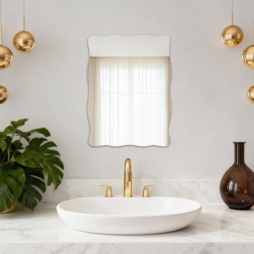 16x12 inch Decorative Scalloped Rectangular Mirror for Wall Decor | High Clear Glass Wavy Mirror with Double-Sided Taps, Frameless Squiggle Mirror for Bathroom, Bedroom, Living Room, Entryway