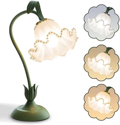 Flower Table Lamp, LED Reading Light Vintage Night light (Green Pearls)