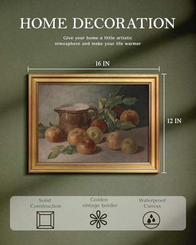 WHASAYART Gold Framed Vintage Wall Art for Living Room, Harvest Apples Still Life Oil Painting Artwork Shelf Decor Abstract Wall Pictures Prints, Farmhouse Fruit Room Decor Bedroom Kitchen Bathroom