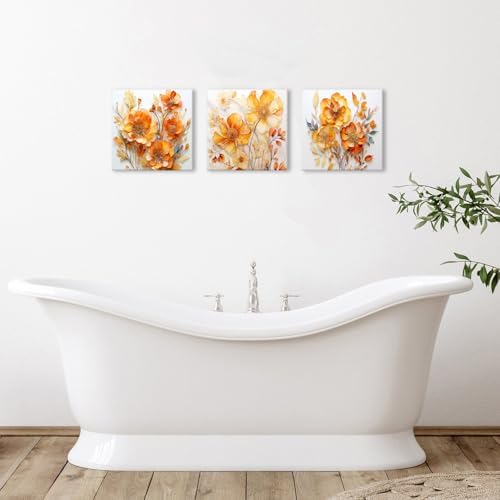 AIYISU Orange Poppy Floral Wall Art Wildflower Canvas Prints Pictures Abstract Nature Autumn Flowers Painting Minimalist Modern Artwork for Living Room Bathroom Office Home Decorations 16x16 3Pcs