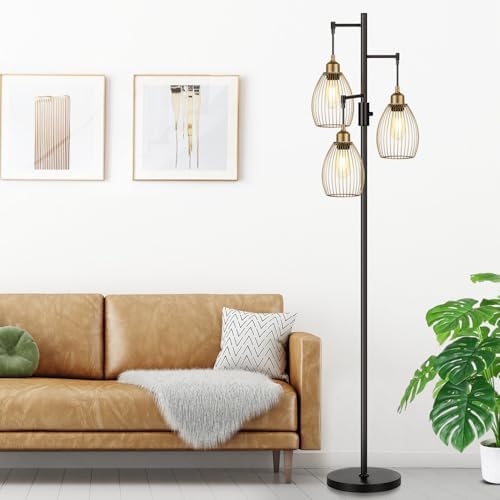 Dimmable Floor Lamp, Industrial Floor Lamps for Living Room, Gold and Black Tree Lamp Standing Lamp Tall Lamps with 3 Elegant Teardrop Cage Head & 800 Lumens LED Bulbs for Living room Bedroom Office