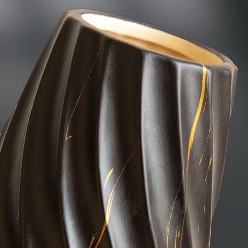 10 inch Tall Ribbed Ceramic Vase for Flowers,Boho Vases for Pampas Grass,Fluted vase,Simple Modern Decorative Vase for Home Decor Table Centerpieces (Black,Gold Marble)