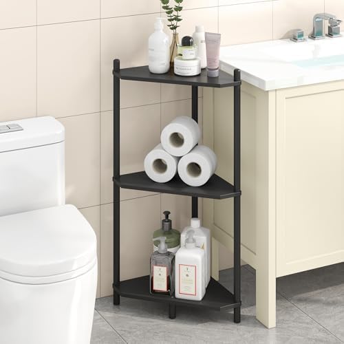 Wisuce Black Small Corner Shelf Stand, 3-Tier Bamboo Corner Bookshelf