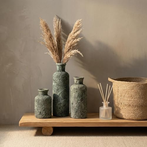 Vintage Ceramic Flower Vase Set of 3, Rustic Farmhouse Vase for Home Decor, Distressed Decorative Vase for Table Entryway Mantel Centerpiece Living Room Bathroom Bedroom (Patina Gray)
