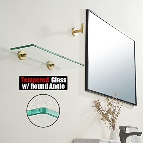 JQK Bathroom Glass Shelf Gold, Tempered Glass Shower Storage 14 by 5 inches, 304 Stainless Steel Brushed Gold Wall Mount, TGS101L14-BG