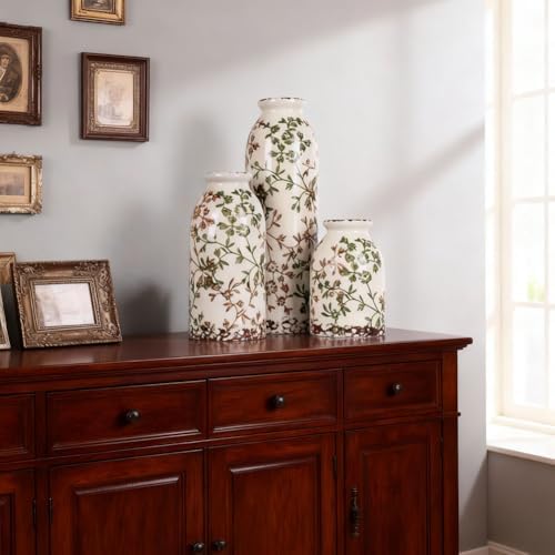 Green Ceramic Vase Set of 3 - Modern Rustic Farmhouse Style, Decorative Vases for Dining Table, Shelf, Bedroom, Living Room, Kitchen, Office, Bathroom, Mantle, Centerpiece Décor (Green)