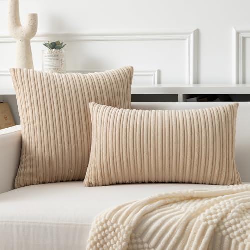 Kevin Textile Striped Corduroy 26”x26” Pillow Covers 2 Pack, Beige