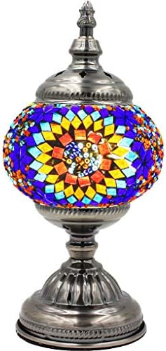 SILVERFEVER Handcrafted Mosaic Turkish Lamp Moroccan Glass Table Desk Bedside Light Bronze Base with E12 Bulb (Floral Burst)
