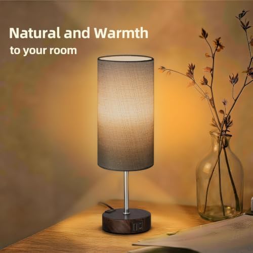 Table Lamp, Dimmable Touch, AC Outlet, USB A+C (Grey&Walnut)