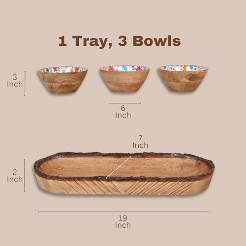 Natural Wooden trays, Serving Bowl for Salad, Veggies and Fruits, Large Deep for Family, Party (Tray - Set of 3 bowl)