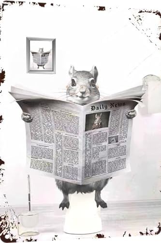 Metal Tin Sign Vintage Squirrel Toilet Reading Newspaper Humour Funny Animal Whimsy Animal for Home, Bathroom and Toilet Wall Decor 12x16 Inch(813B)
