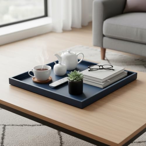30 * 30 Inch Rectangular Ottoman Tray | Textured PU Leather, Waterproof & Heat-Resistant Storage for Coffee/Dining Tables, Sofa, Bed, Entertainment & Party (Navy Blue, 30 * 30in)