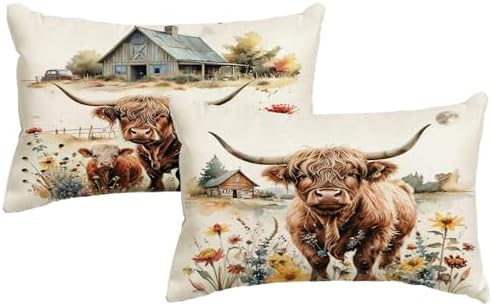 Highland Cow Decorative Throw Pillow Covers with Wildflowers 12x20 Inch Farmhouse Rustic Cushion Cover Western Cows Lumbar Pillowcase 2Pack for Couch Sofa (Beige)