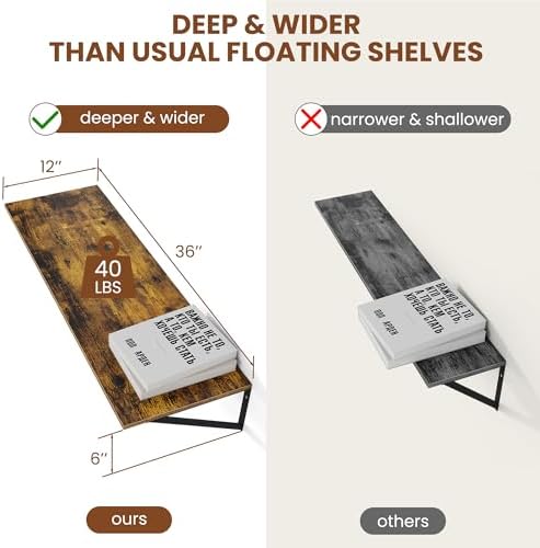 Heimlove 36W x 12D Deep Floating Shelves Set of 2 Rustic Brown