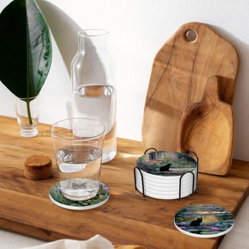 Drink Coasters for Drinks Set of 6, Water Lilies Art and Black Cat Absorbent Round Ceramic Stone Mat Coaster, with Cork Base and Metal Holder, Home Bar Decor House Warming Gift