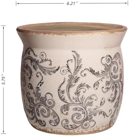 Rustic Ceramic Planter & Kitchen Utensil Holder, 6.21 Inch Vintage Crackle Glazed Flower Pot with Drainage Hole for Indoor Plants, Tuscan Living Room & Balcony Decoration, Gift for Mom (Gray)