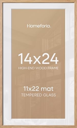 Homeforia 14x24 Natural Oak Picture Frame, High-End Wood, 11x22 Mat, Glass