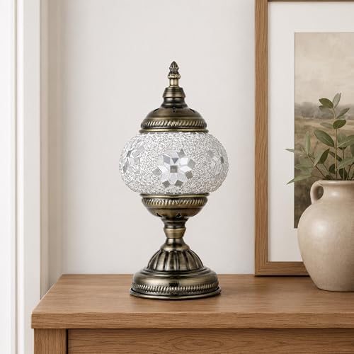 GOGERS Turkish Moroccan Table Lamp Lantern with Handmade Mosaic Glass Lampshade Tiffany Style Bohemian Stained Glass Decorative Desk Lamps Bedside Night Lights for Bedroom (White Fancy)