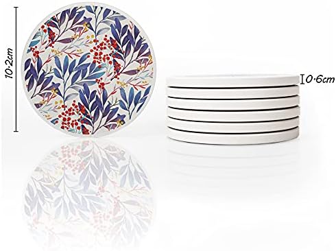 AD Set of 6 Coasters for Drinks Absorbing Round Ceramic Stone Coaster with Cork Base Tabletop Protection Mat for Mugs and Cups,Office,Kitchen (Watercolor Flowers with Rose Gold Holder)
