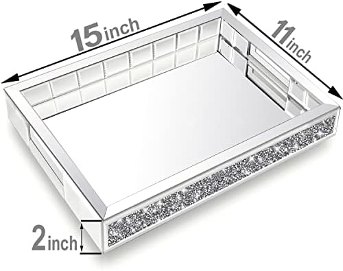 Wocred Mirror Jewelry Organizer fits Dresser Bedroom,Crushed Diamond Bathroom Tray with Handles,Perfume Tray,Decorative Serving Tray for Coffee Table Decor(11”x15”x2”)