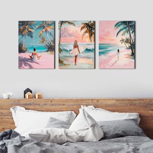 Pink Beach Wall Art Preppy Coastal Wall Decor Surfing Girls Pictures Pink Room Decor for Teen Girls Tropical Ocean Beachy Canvas Painting Aesthetic Artwork Yoga Bedroom Home Decorations 12x16" 3Pcs