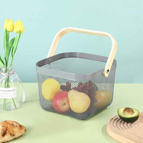 AJIODA Metal Mesh Steel Basket, Storage Organizer Basket Multi-functional Hanging Kitchen Baskets Fruit Basket with Wooden Handle for Kitchen Bathroom Picnic Shopping Decor Cabinet Home, Grey