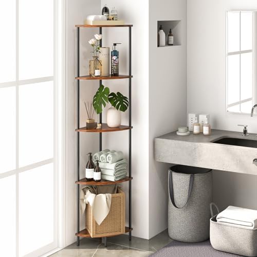 Yoobure Corner Shelf Stand, 5-Tier Bookshelf, 65" Tall Shelves for Bedroom, Living Room, Narrow Display Shelf Bookcase, Rustic Book Shelf with Display Shelves for Office