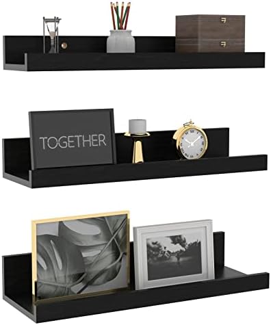 Giftgarden 16 Inch Black Floating Shelves for Wall Mount, Woodgrain Wall Shelf Ledge for Bathroom Bedroom Kitchen Living Room Office Storage, Set of 3 Different Sizes