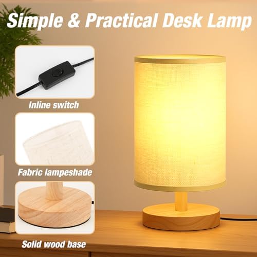 Desk Lamp LED Bulb Included, Small Bedside Table Lamp Plug-in - Classic Wood Base with Flaxen Fabric Shade, Lamps for Night Stands, Simple Nightstand Light for Bedroom, Office, Desk